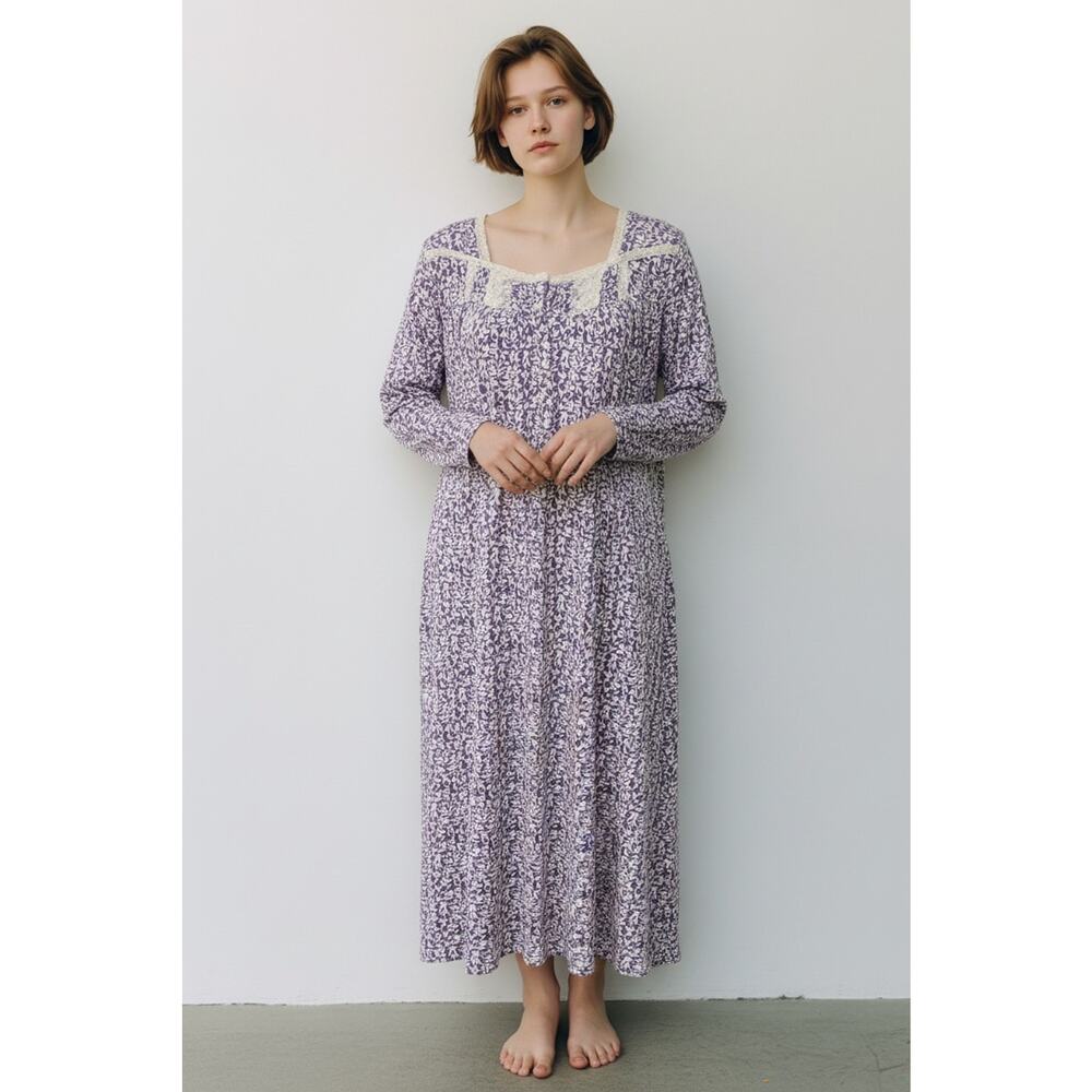 Eileen West Long Sleeve Modal Nightgown Women's Large Purple Leaf Print Modest
